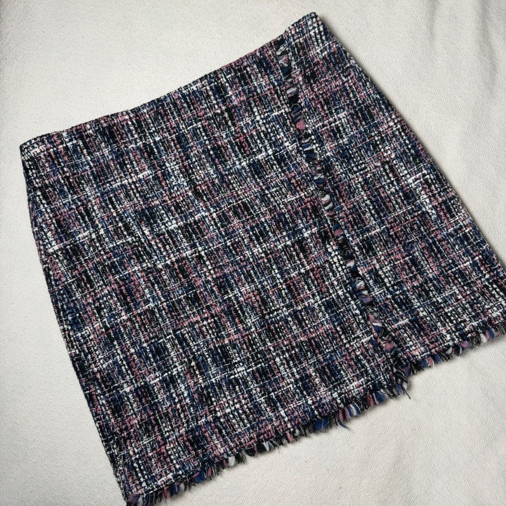 LOFT Multi Color Tweed Fringe Mini Skirt Pink Blue Black Y2K Boho Size 14